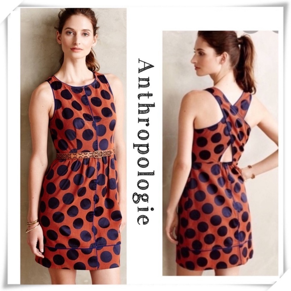 ANTHROPOLOGIE Maeve Rokin Jacquard Polka Dots Midi Dress in Orange, Blue Size 2